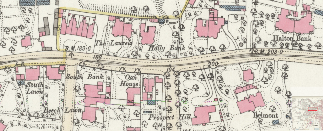 1893 OS map showing houses north and south of Eccles Old Road between South Bank and Halton Bank