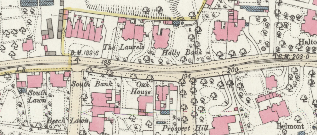 1893 OS map showing houses north and south of Eccles Old Road