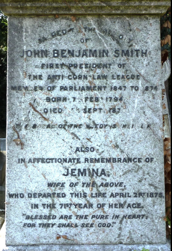 Inscription at grave of JB Smith at Kensal Green Cemetery