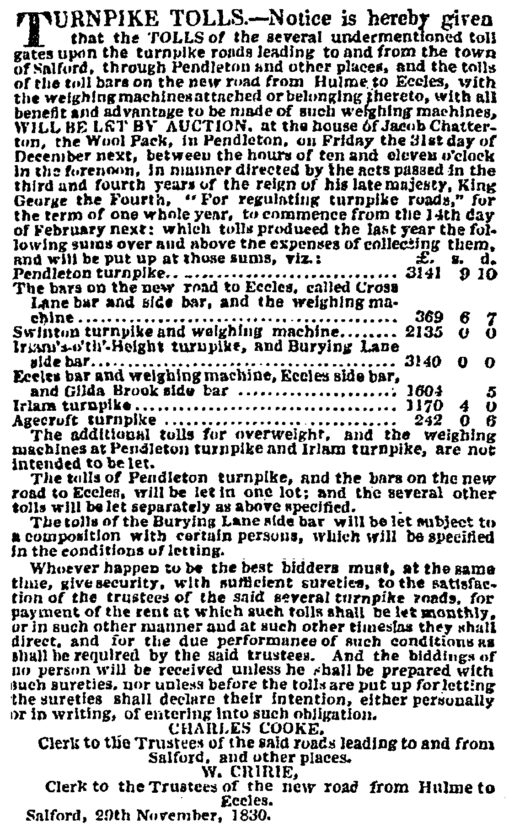 Newspaper advertisement for auction of Tolls on Salford roads, 1830