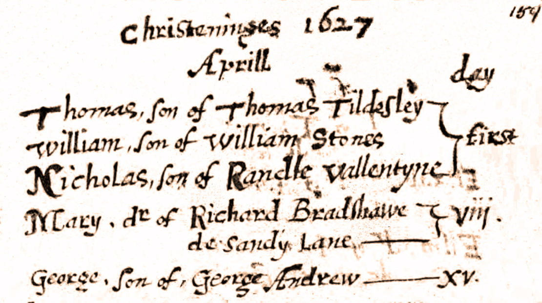 Mary Bradshaw’s baptism in St. Mary the Virgin, Eccles, 1627