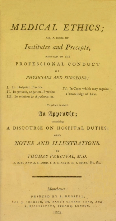 Frontispiece to Thomas Percival's 'Medical Ethics, or a code of Institutes and Precepts adapted to the Professional Conduct of Physicians and Surgeons...