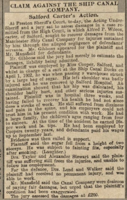 Manchester Evening News 6 June 1903. report of court case for damages by an employee of the Manchester Ship Canal Co. in which Drs. Stewart and Lund represented opposing sides.