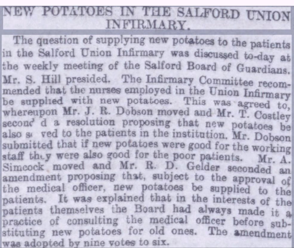Manchester Evening News article 7 July 1899 reporting discussion at Board of Guardians meeting about whether patients as well as nurses should be allowed new potatoes instead of old.