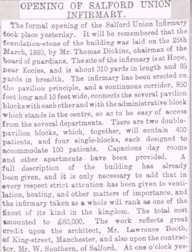 Manchester Courier 20 Oct 1982 reporting official opening of Salford Union Infirmary.