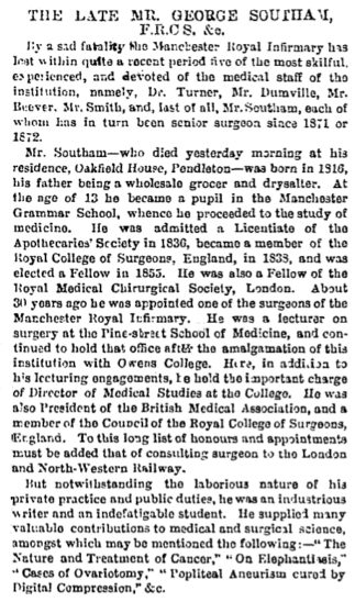 Obituary to George Southam from Manchester Guardian 25 April 1876, describing his significant contributions to the practice and theory of medicine and medical science.