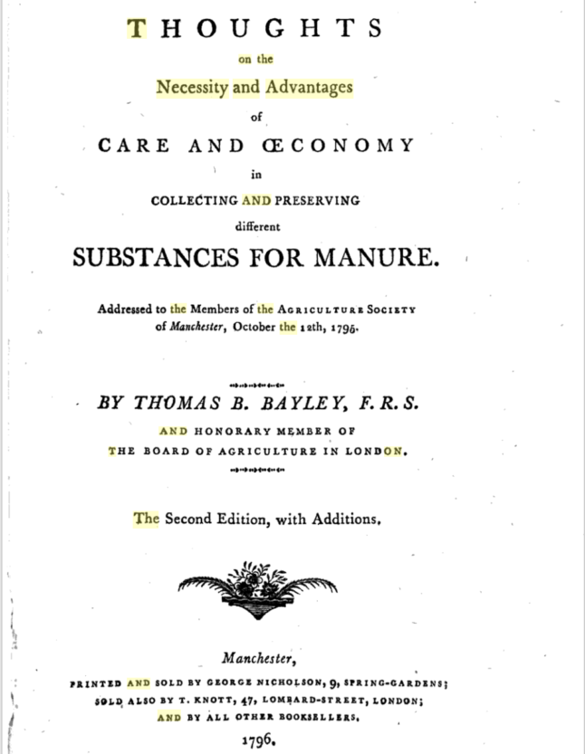 Front page of T.B.Bayley 1795 paper "Thoughts on the Necessity and Advantages of Care and Oeconomy in Collecting and Preserving different Substances For Manure.